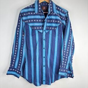 VTG Painted Mesa Blue Striped Brushpopper Shirt L Pearl Snap Southwestern Aztec